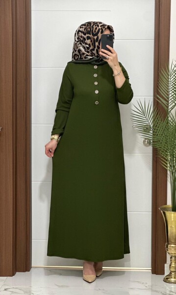 F12 K 80 HAKİ ÖNÜ DÜGMELİ DİLARA ELBİSE - MODA ALMİRA