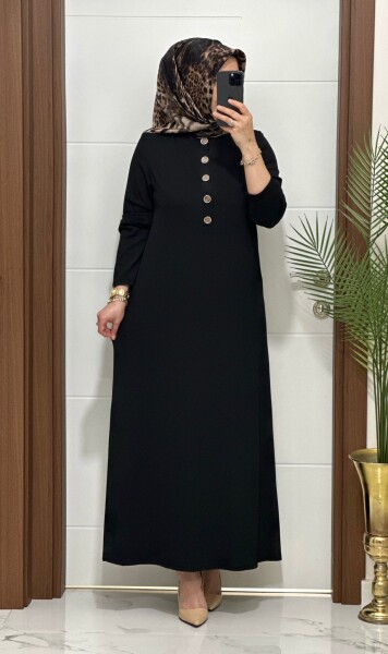 F12 K 80 SİYAH ÖNÜ DÜGMELİ DİLARA ELBİSE - MODA ALMİRA