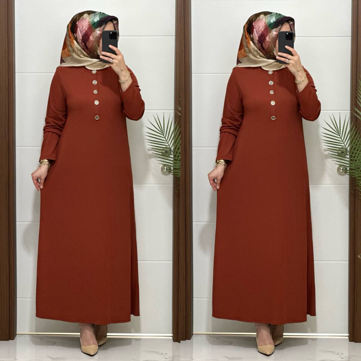 F12 K 80 KİREMİT ÖNÜ DÜGMELİ DİLARA ELBİSE - 3