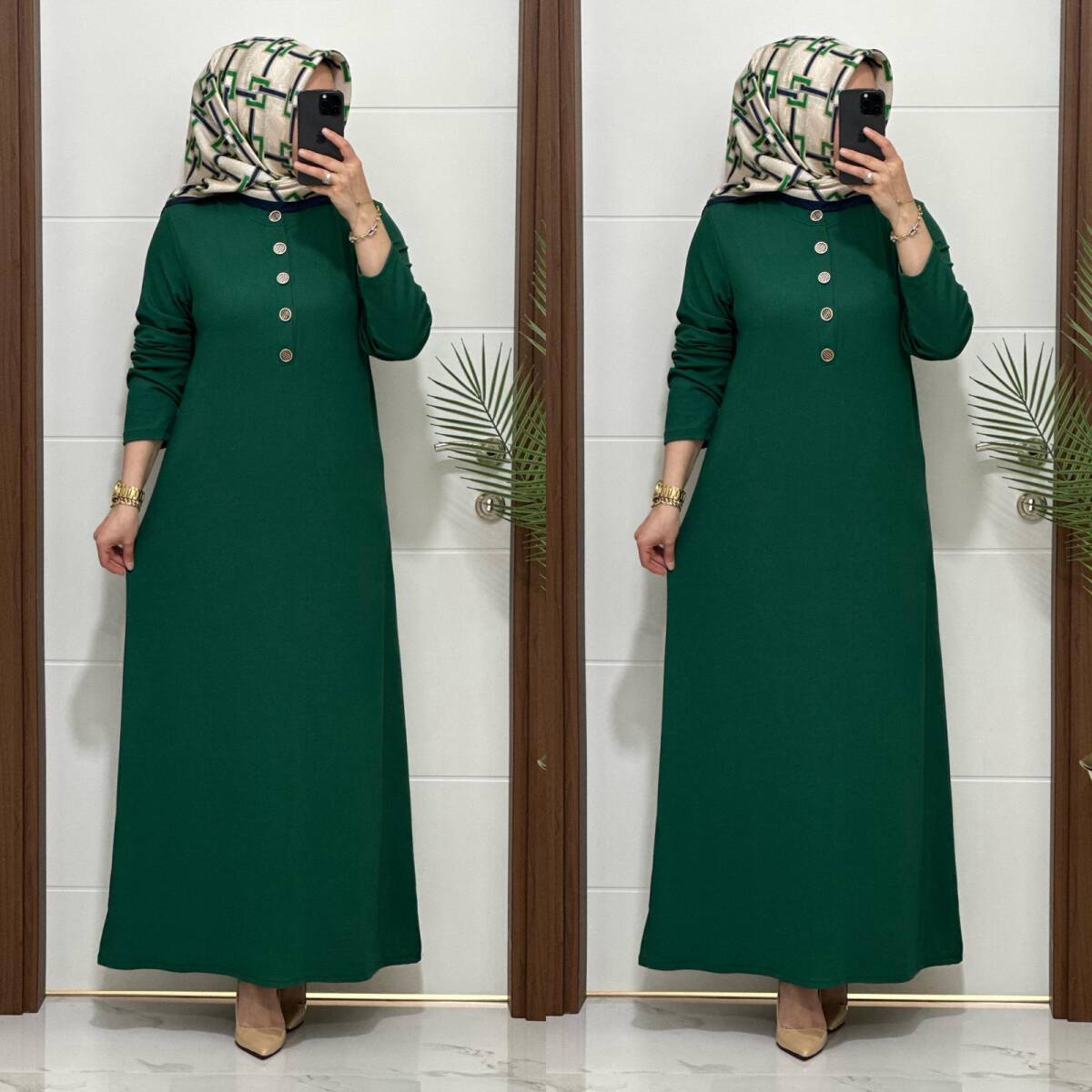 F12 K 80 ZÜMRÜT YESİLİ ÖNÜ DÜGMELİ DİLARA ELBİSE - 3