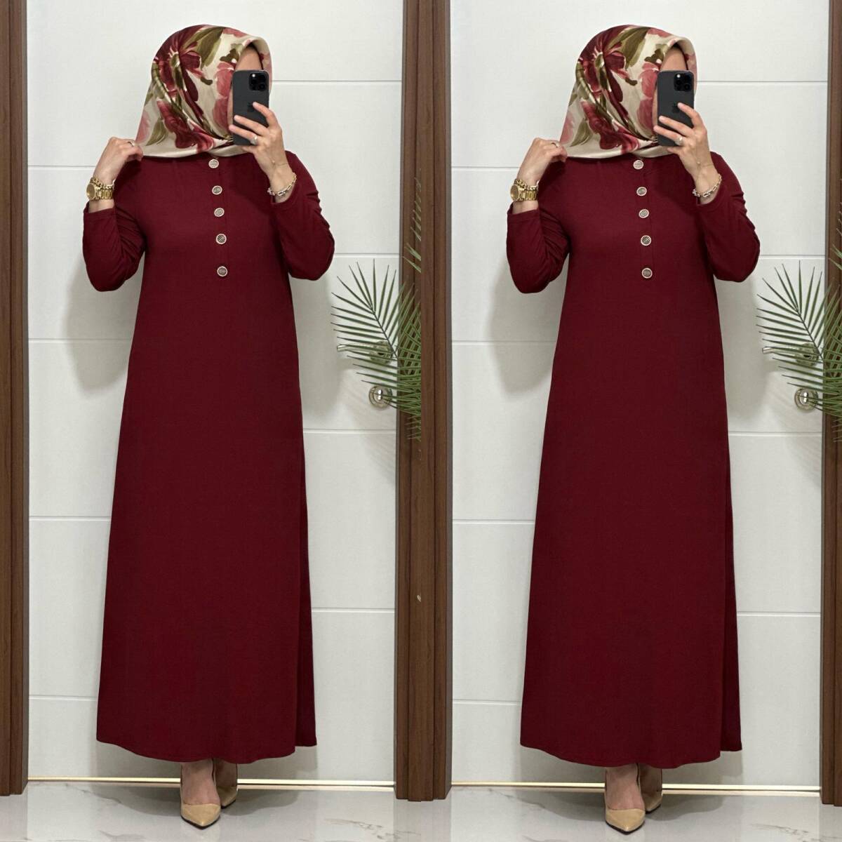 F12 K 80 BORDO ÖNÜ DÜGMELİ DİLARA ELBİSE - 3