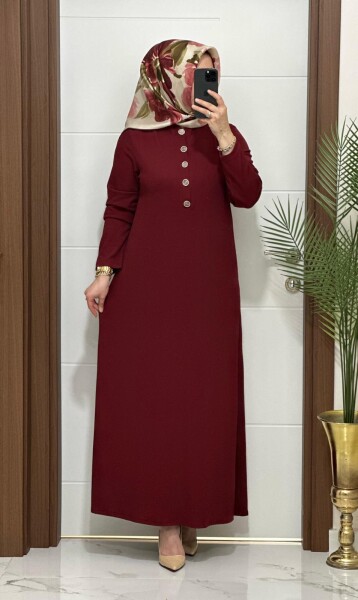 F12 K 80 BORDO ÖNÜ DÜGMELİ DİLARA ELBİSE - MODA ALMİRA